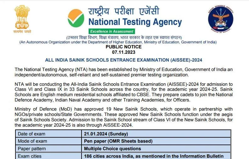 ALL INDIA SAINIK SCHOOLS ENTRANCE EXAMINATION AISSEE 2024
